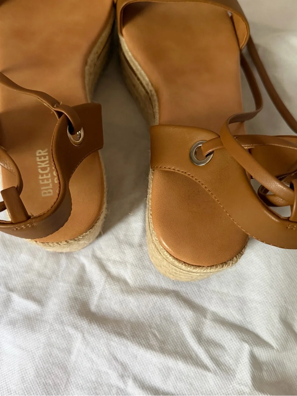 Bleecker & Bond Women's Leather Tan Espadrille Platform Sandals with Ankle Tie
